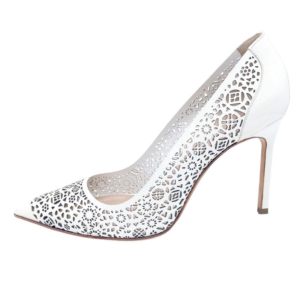 Manolo Blahnik BB White Laser-Cut Leather Pointed Toe Pump Heels
